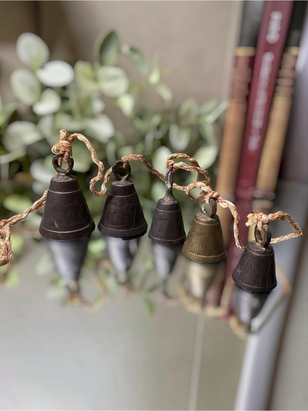 Vintage Brass Bells Of Sarna Etched Leaf Set Of 5 Original Cord
